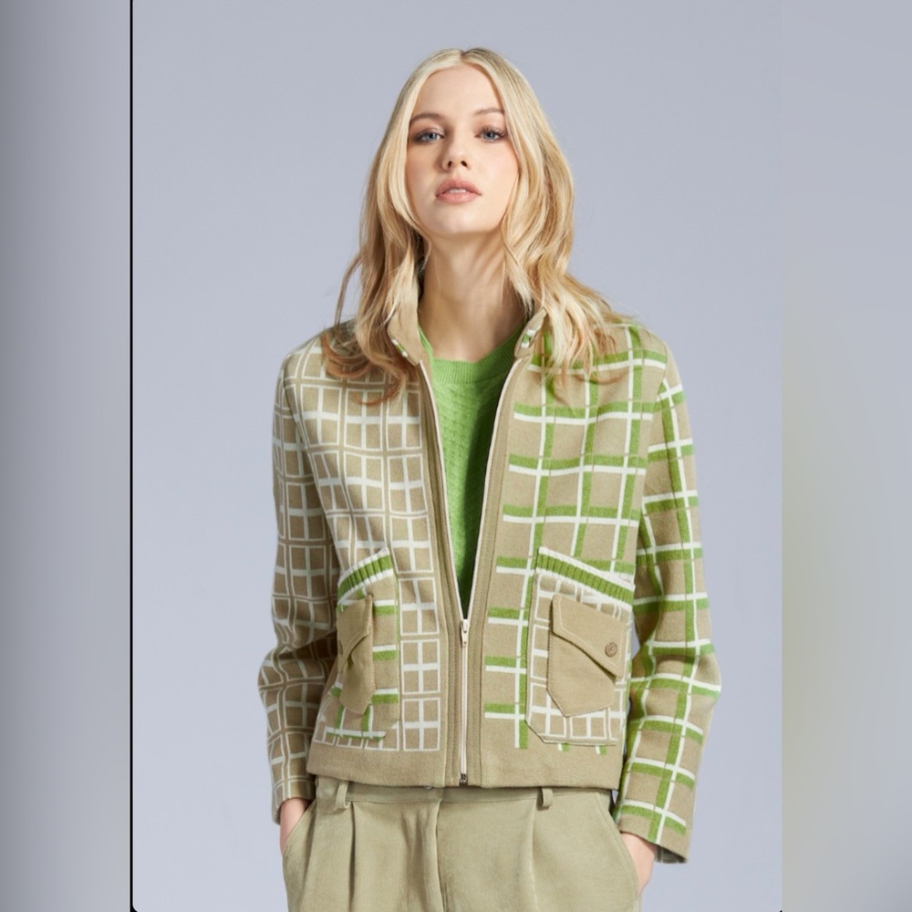Tricot Chic Lime Green Plaid Zip up Sweater Cardigan Italy - Sz 8